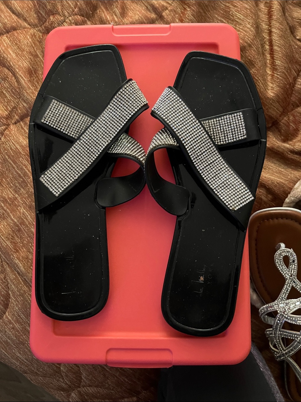Black Crystal-Strap Women’s Slide Sandals